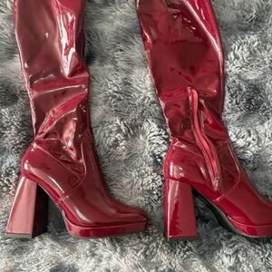 Shiny Burgundy Heeled Boots for Women